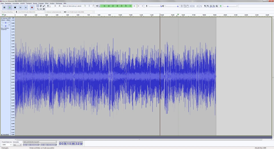 Ansicht eines Podcast Audio Files eines Interviews in der DAW Audacity