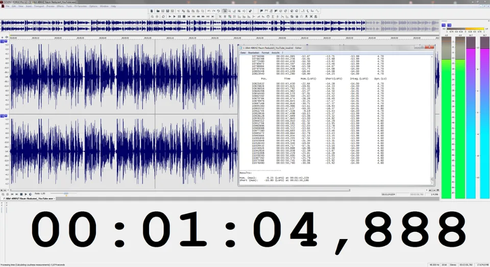Wellendarstellung einer gemasterten Video Tonaufnahme mit LUFS Lautstärkebericht in Magix SOUND FORGE
